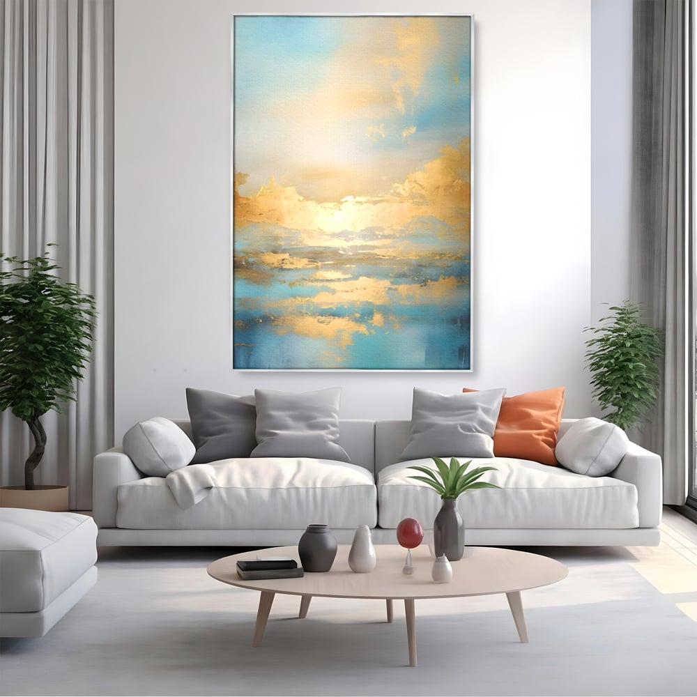 Tablou canvas cu tablou canvas cu peisaj marin abstract, in rama de aluminiu argintiu, pe perete intr-un living